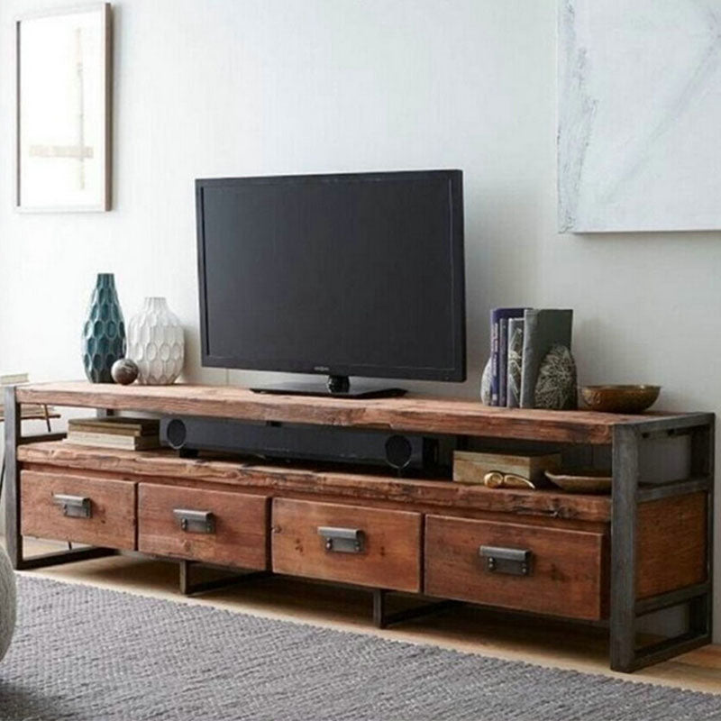 Industrial Wooden Media Console with Drawers, Brown Stand Console