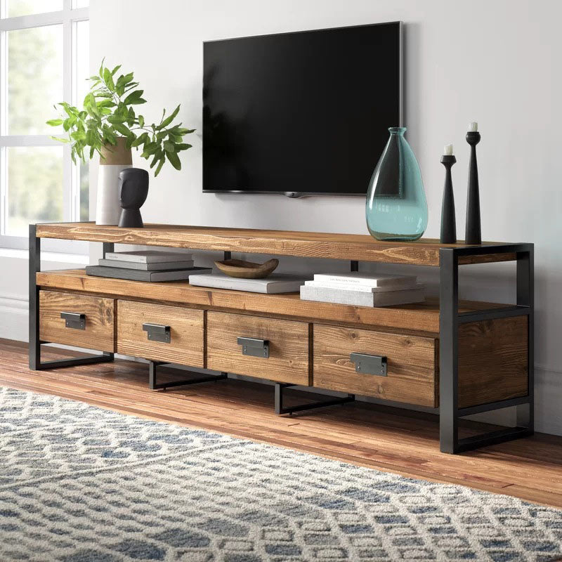 Industrial Wooden Media Console with Drawers, Brown Stand Console