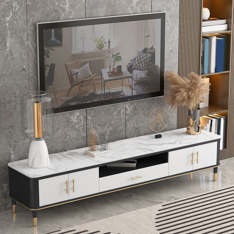 White Stone Top TV Cabinet Luxurious 1-Open Shelf TV Stand Console with Cabinets