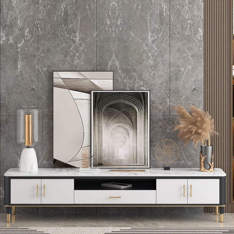 White Stone Top TV Cabinet Luxurious 1-Open Shelf TV Stand Console with Cabinets