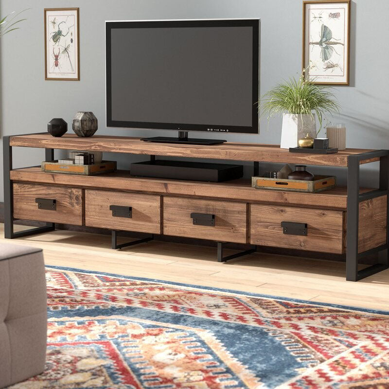 Industrial Style 4-Drawer TV Stand 21.65" H Wood & Iron Antique Brown TV Console