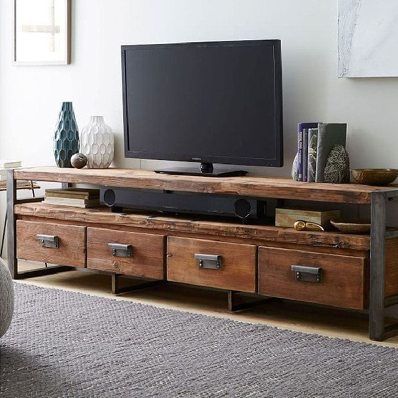 Industrial Style 4-Drawer TV Stand 21.65" H Wood & Iron Antique Brown TV Console