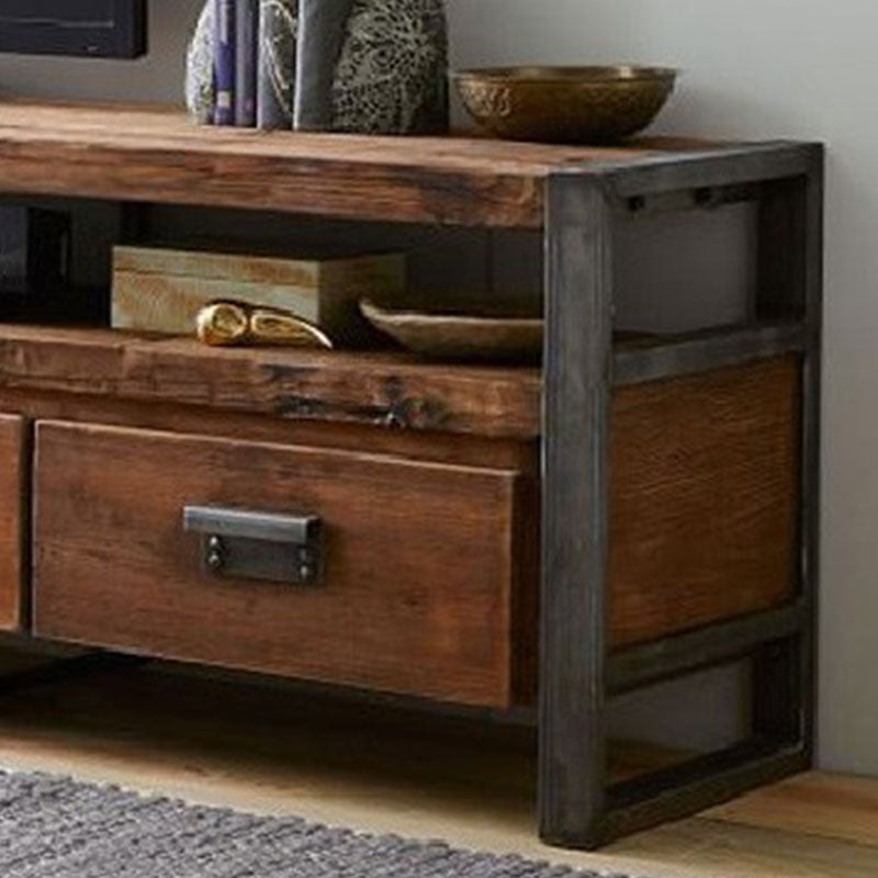 Industrial Style 4-Drawer TV Stand 21.65" H Wood & Iron Antique Brown TV Console