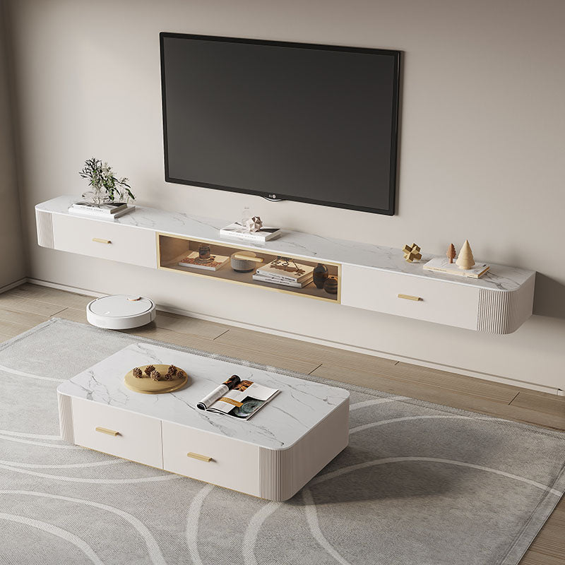 Contemporary White Floating TV Stand 7.87-inch High with 2-Drawer Stone TV Console