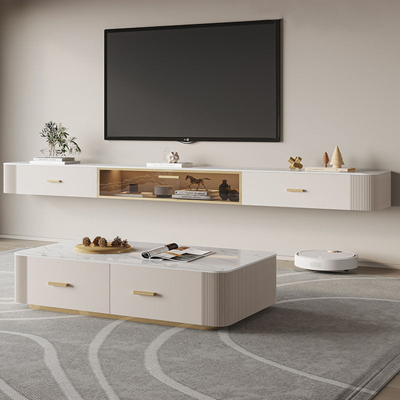 Contemporary White Floating TV Stand 7.87-inch High with 2-Drawer Stone TV Console