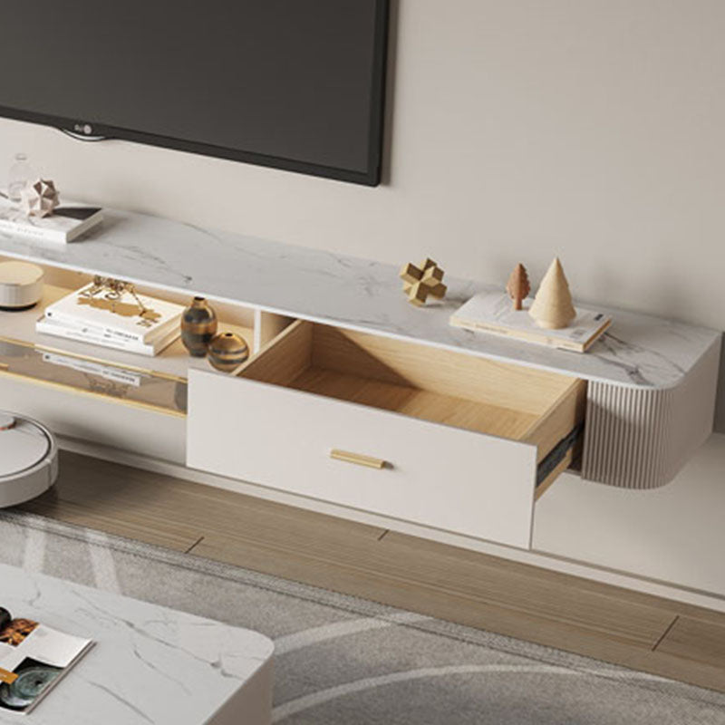 Contemporary White Floating TV Stand 7.87-inch High with 2-Drawer Stone TV Console