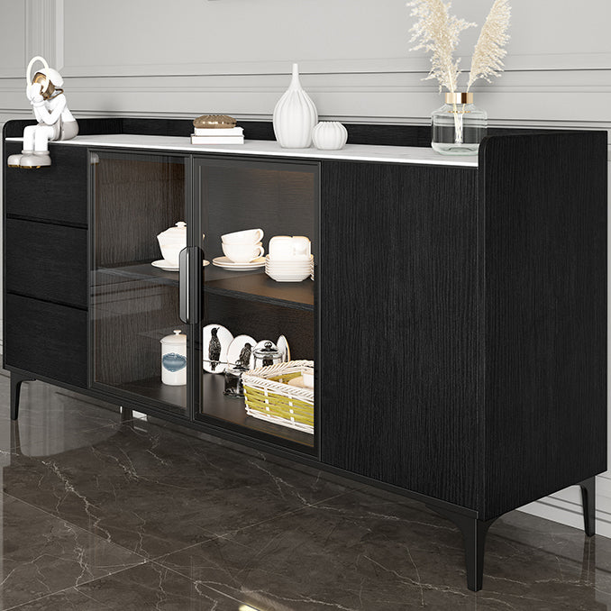 Stone Top Dining Room Sideboard Cabinet Modern Credenza with Drawer and Glass Door