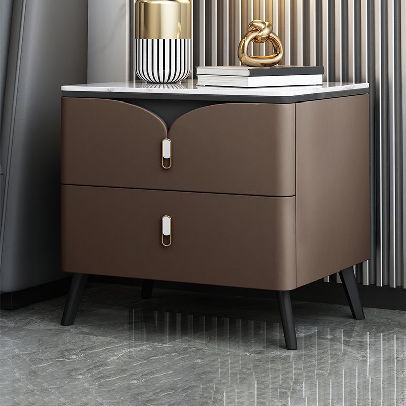 18 Inch H Night Table Modern Solid Wood 2-Drawer Stone Top Faux Leather Nightstand