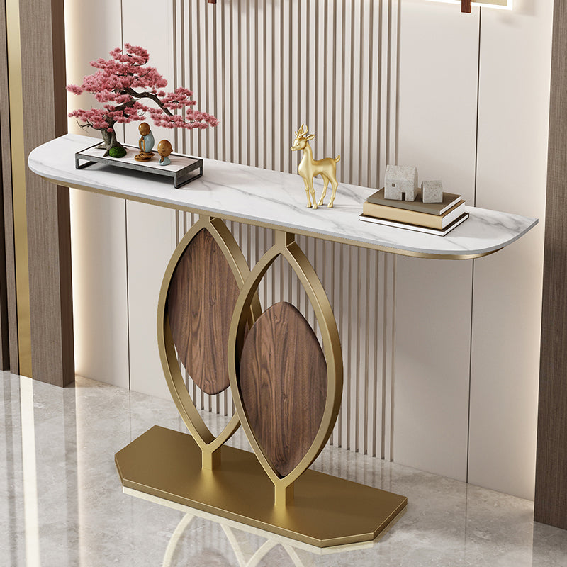 Glam Style Half Moon Accent Table with Stone Top and Golden Iron Base