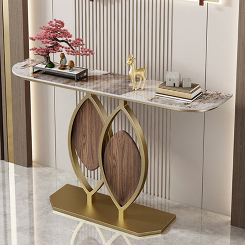 Glam Style Half Moon Accent Table with Stone Top and Golden Iron Base