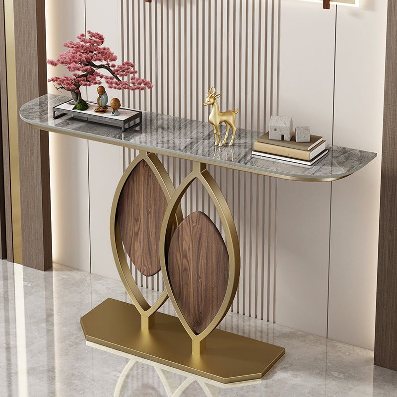 Glam Style Half Moon Accent Table with Stone Top and Golden Iron Base