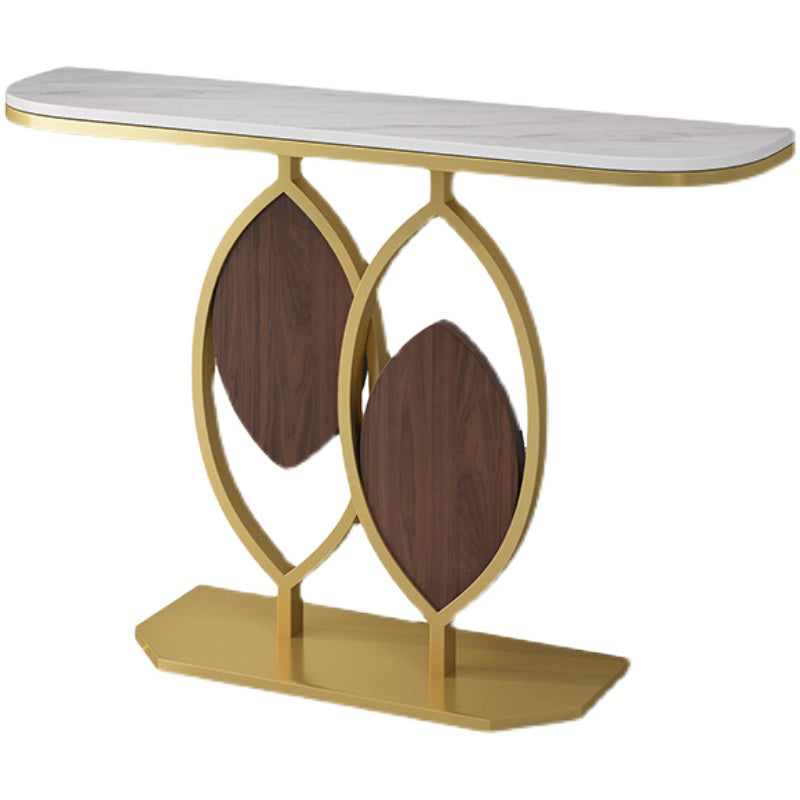 Glam Style Half Moon Accent Table with Stone Top and Golden Iron Base