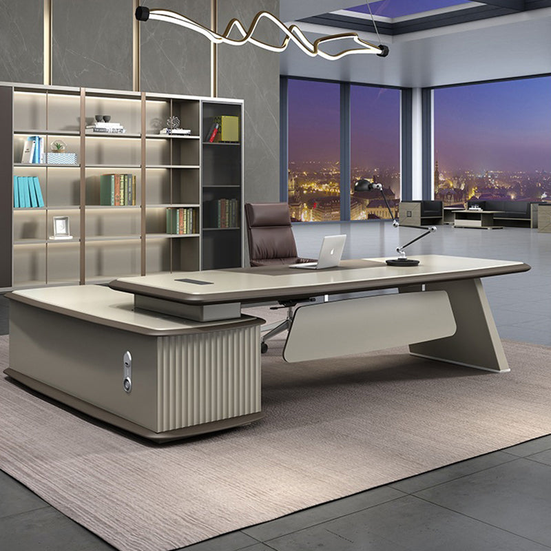 Contemporary Office Desk L-Shape Executive Desk Artificial Wood with 2 Storage Drawers