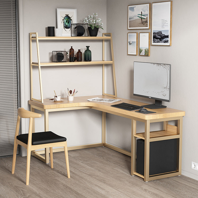 Contemporary Office Desk L-Shape Solid Wood Writing Desk with Shelves