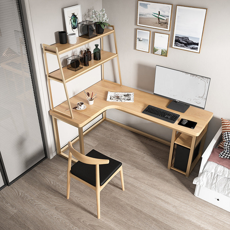 Contemporary Office Desk L-Shape Solid Wood Writing Desk with Shelves