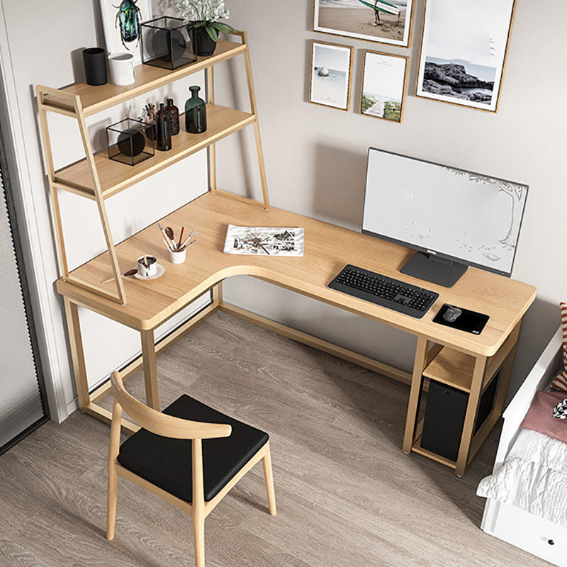 Contemporary Office Desk L-Shape Solid Wood Writing Desk with Shelves