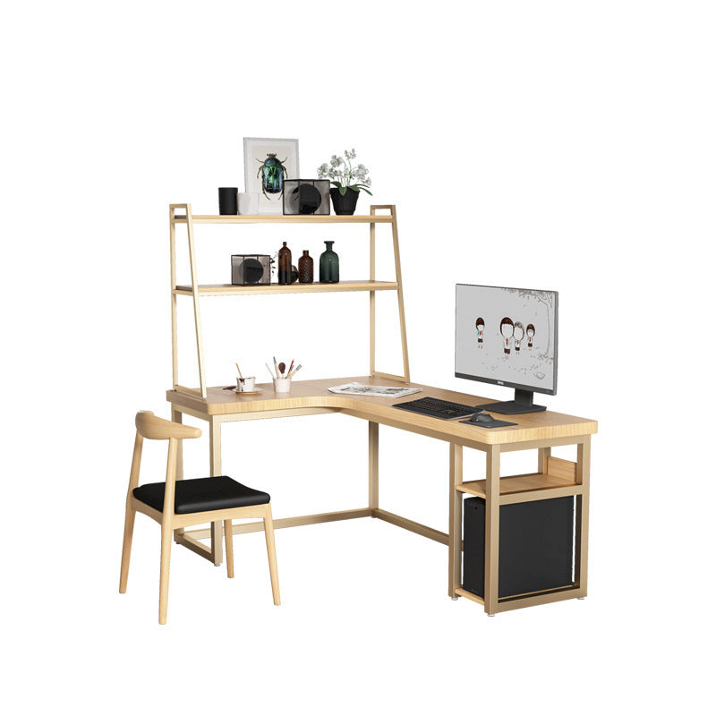 Contemporary Office Desk L-Shape Solid Wood Writing Desk with Shelves