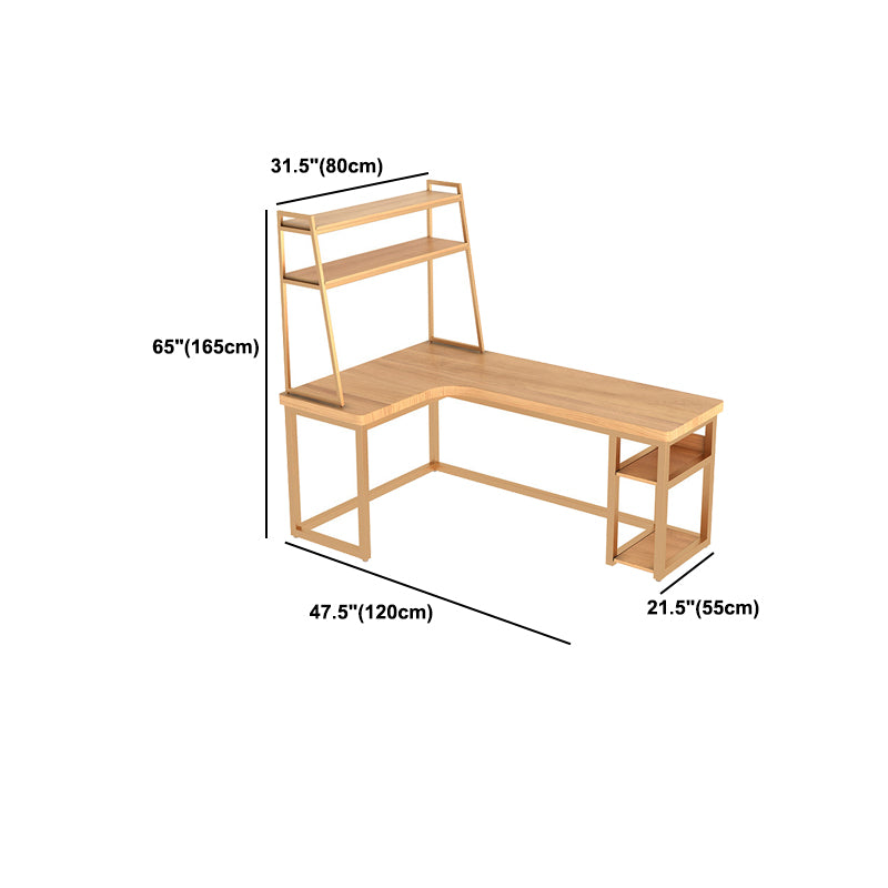 Contemporary Office Desk L-Shape Solid Wood Writing Desk with Shelves