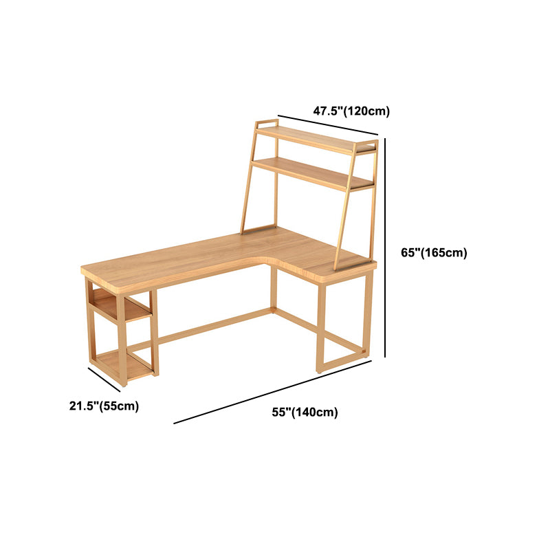 Contemporary Office Desk L-Shape Solid Wood Writing Desk with Shelves