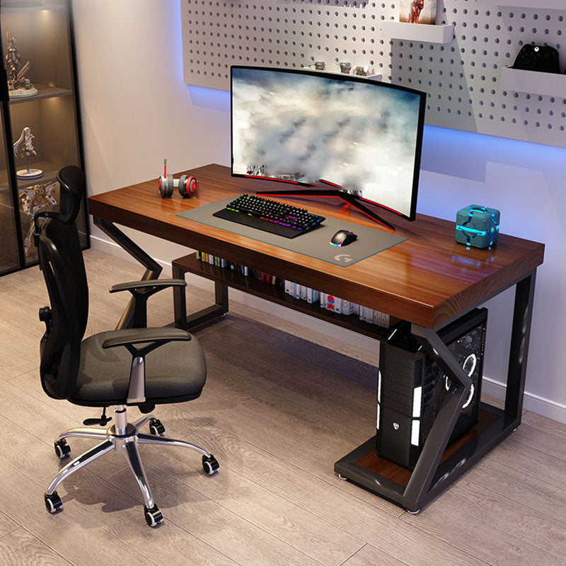 Solid Wood Rectangular Computer Desk Home and Office Brown Desk with Shelf