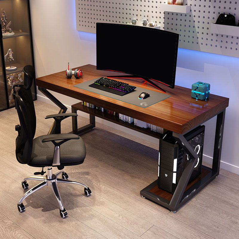 Solid Wood Rectangular Computer Desk Home and Office Brown Desk with Shelf