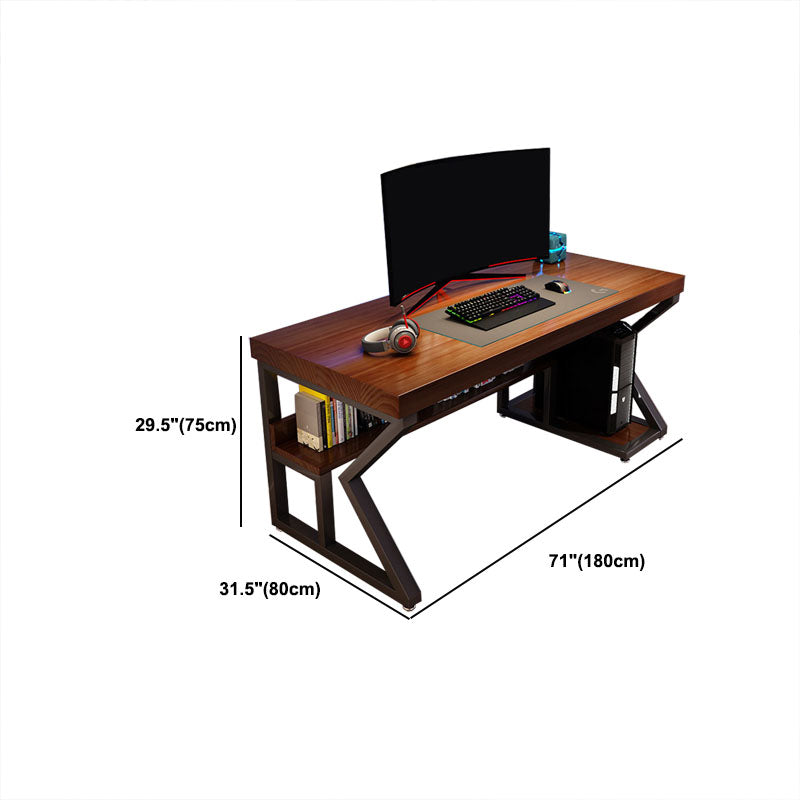 Solid Wood Rectangular Computer Desk Home and Office Brown Desk with Shelf