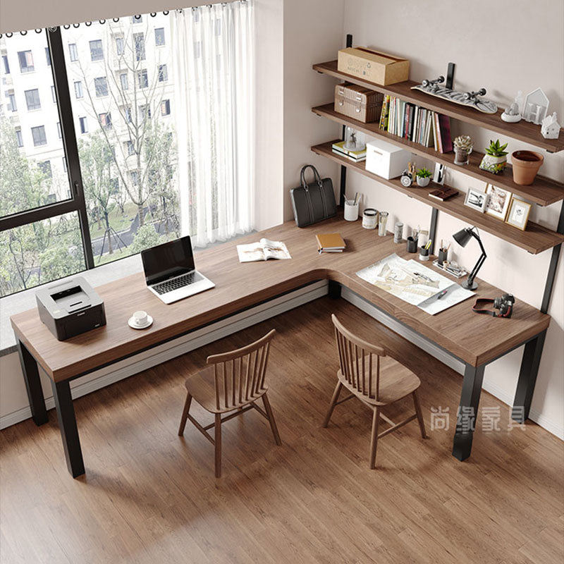 Modern L-Shape Office Desk Natural Solid Wood Writing Desk for Home