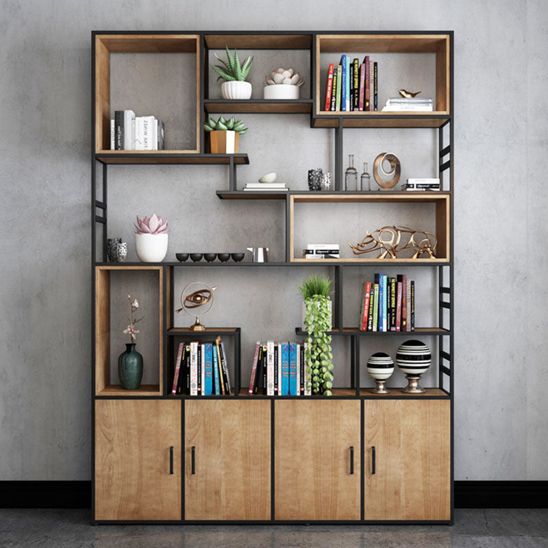 Modern Metal Bookcase Black Geometric Open Shelf Bookshelf with Doors