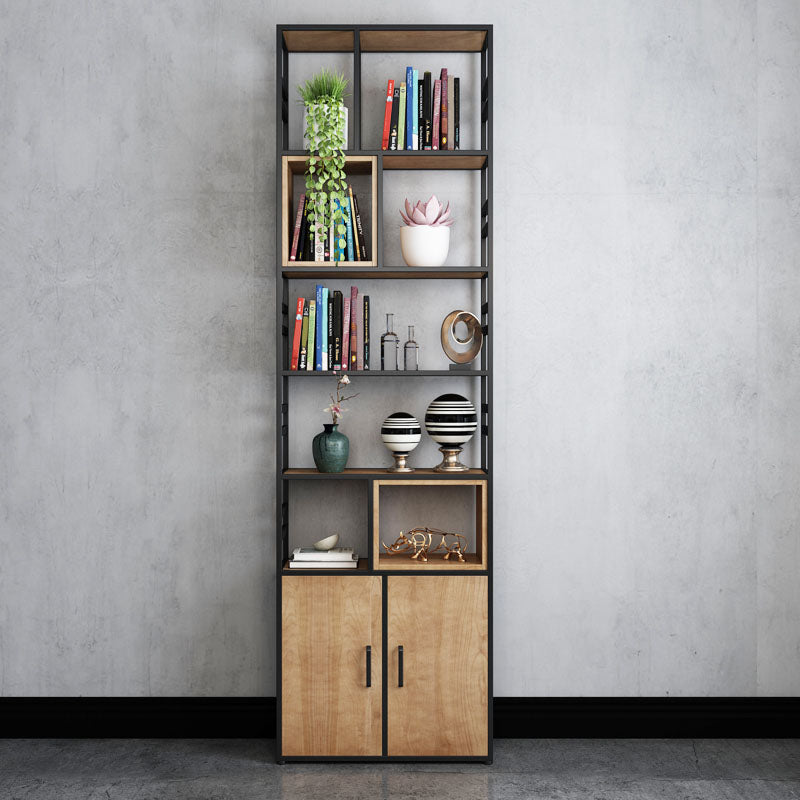 Modern Metal Bookcase Black Geometric Open Shelf Bookshelf with Doors