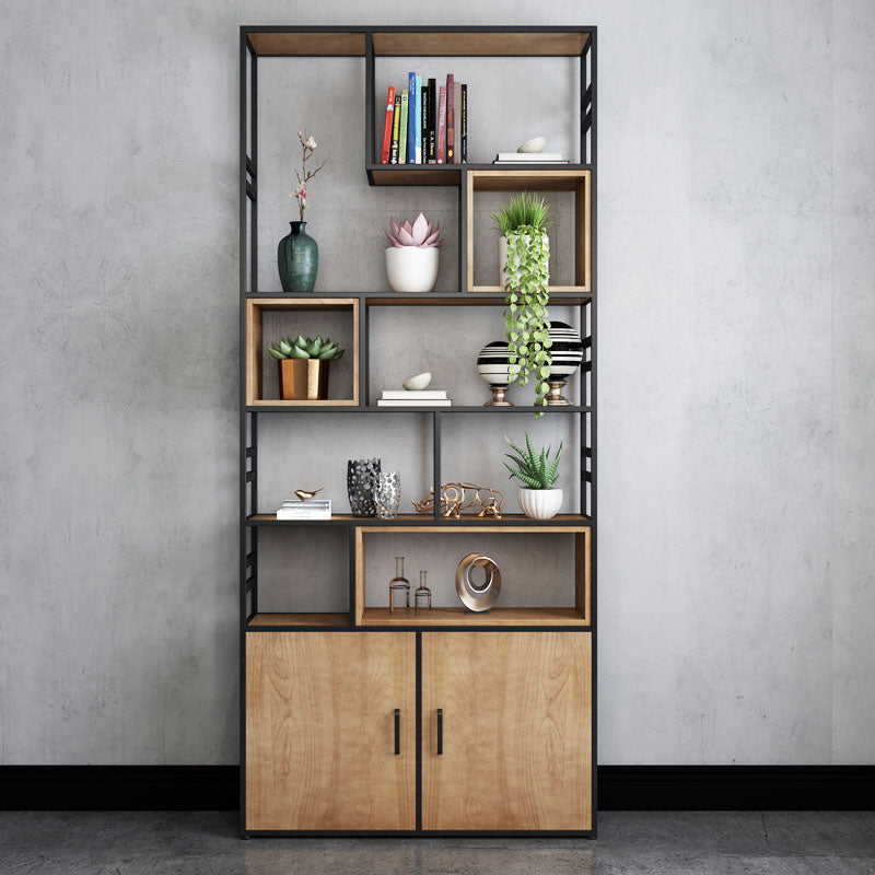 Modern Metal Bookcase Black Geometric Open Shelf Bookshelf with Doors