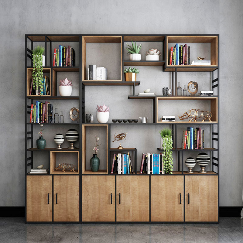 Modern Metal Bookcase Black Geometric Open Shelf Bookshelf with Doors