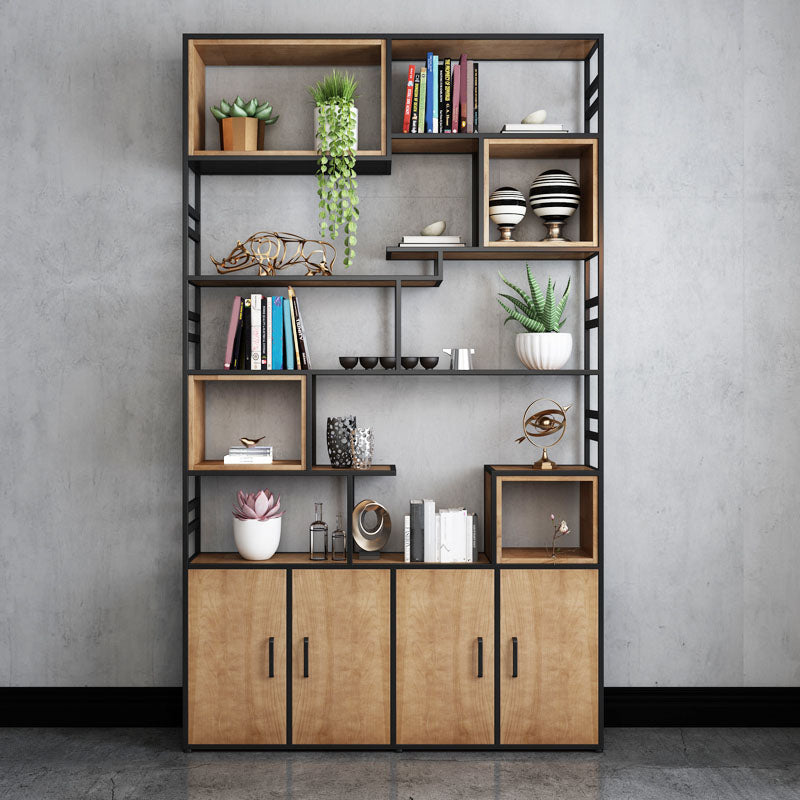 Modern Metal Bookcase Black Geometric Open Shelf Bookshelf with Doors