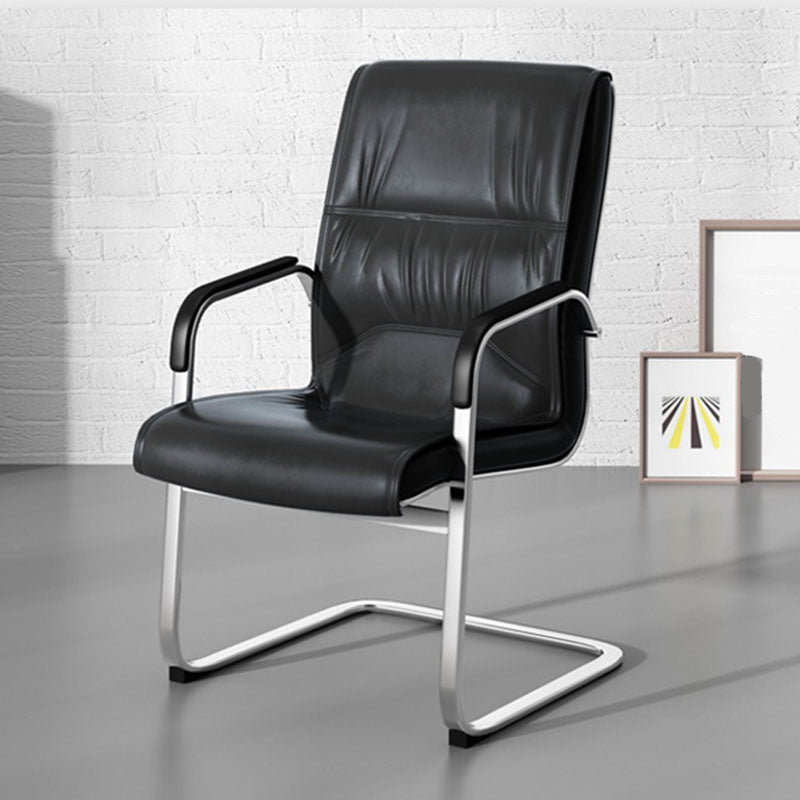 High Back Fixed Arms Chair Leather Black Faux Leather Office Chair