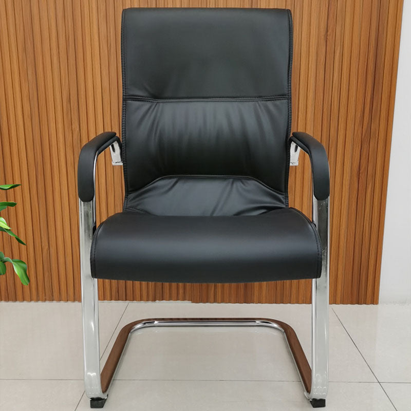 High Back Fixed Arms Chair Leather Black Faux Leather Office Chair