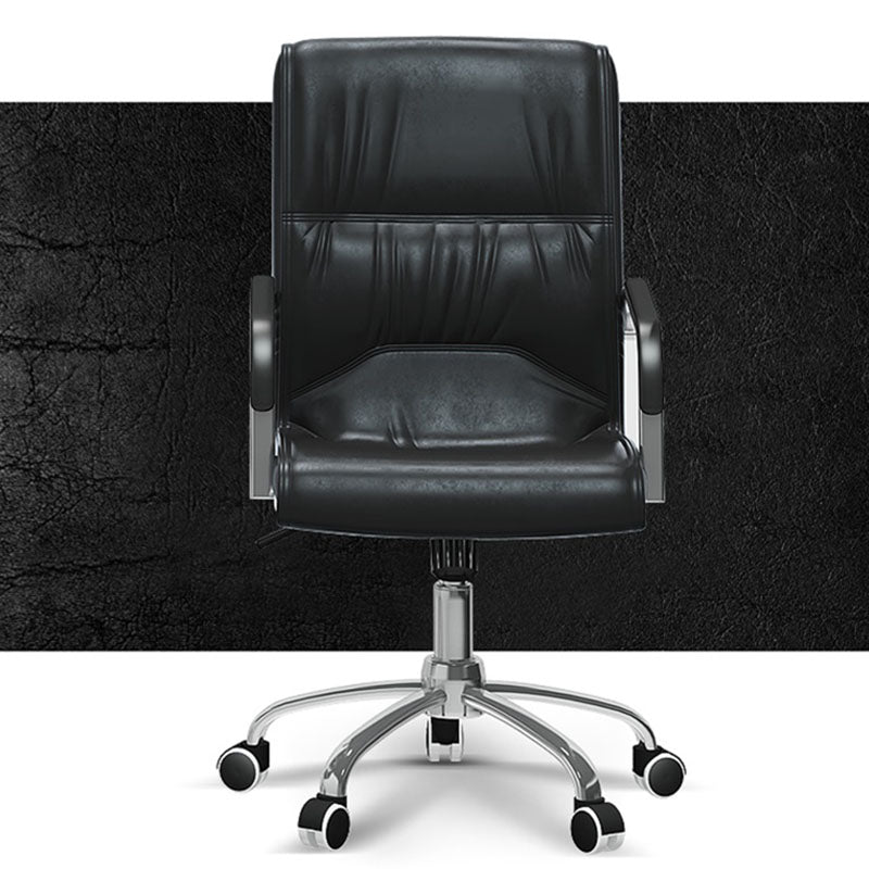 High Back Fixed Arms Chair Leather Black Faux Leather Office Chair