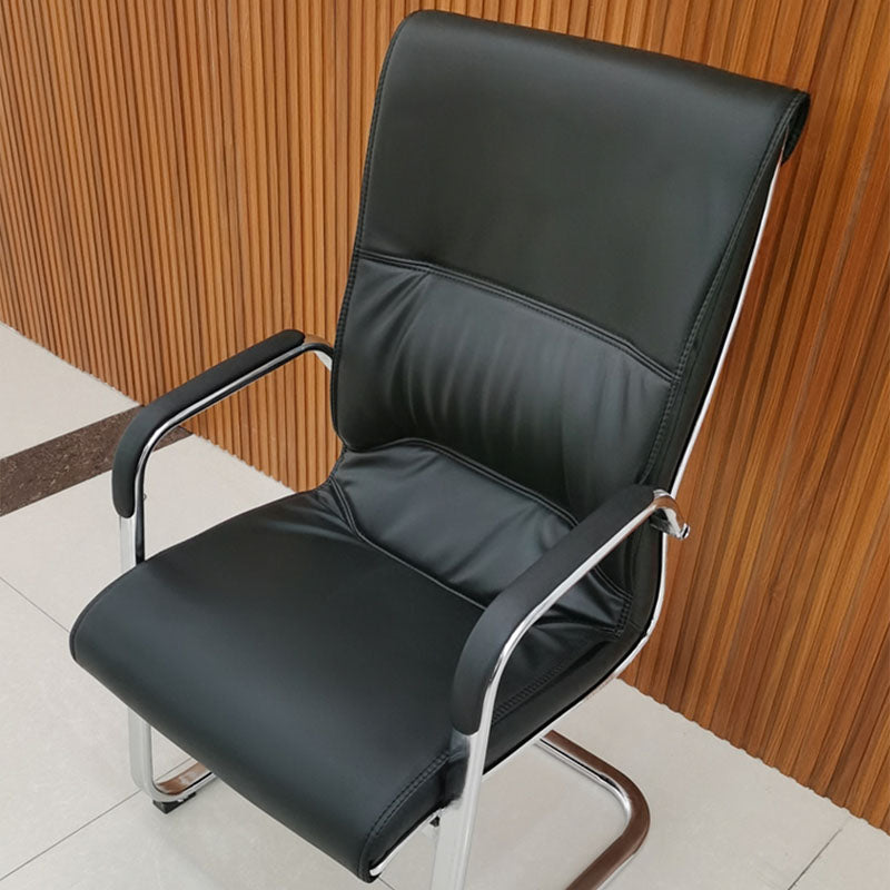 High Back Fixed Arms Chair Leather Black Faux Leather Office Chair