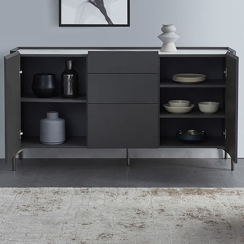 Grey Engineered Wood Sideboard Modern Stone Countertop Buffet with Drawer for Dining Room