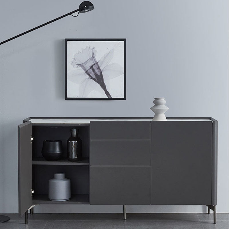 Grey Engineered Wood Sideboard Modern Stone Countertop Buffet with Drawer for Dining Room