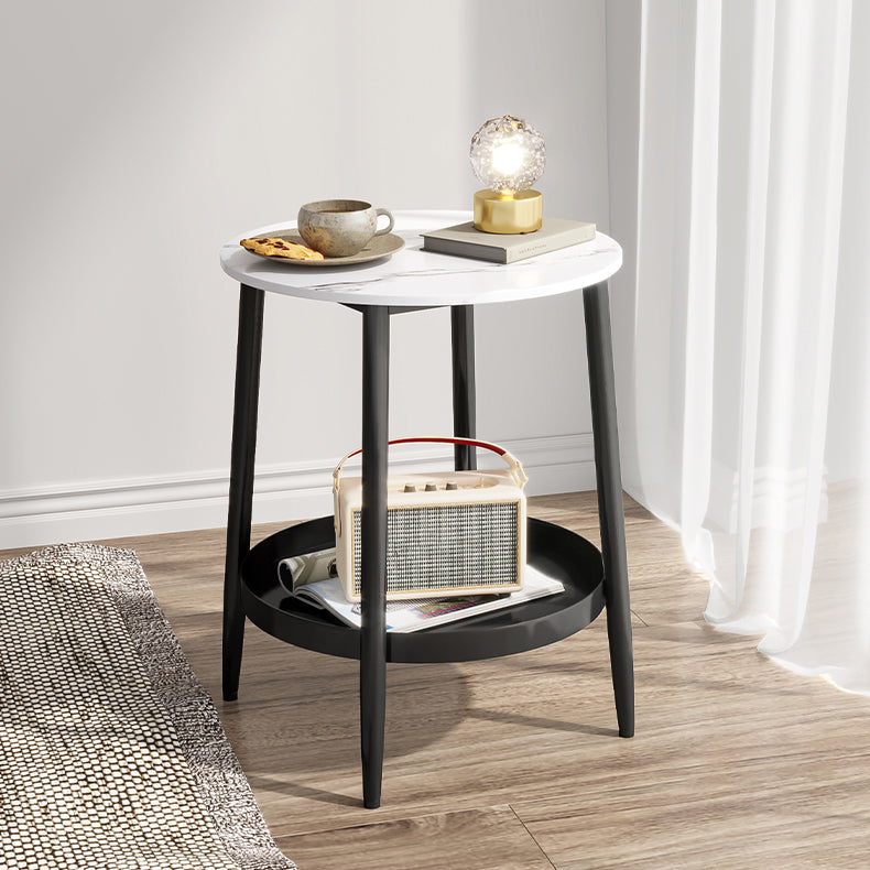 Stone and Iron Nightstand Round Open Storage Night Table Lower Shelf