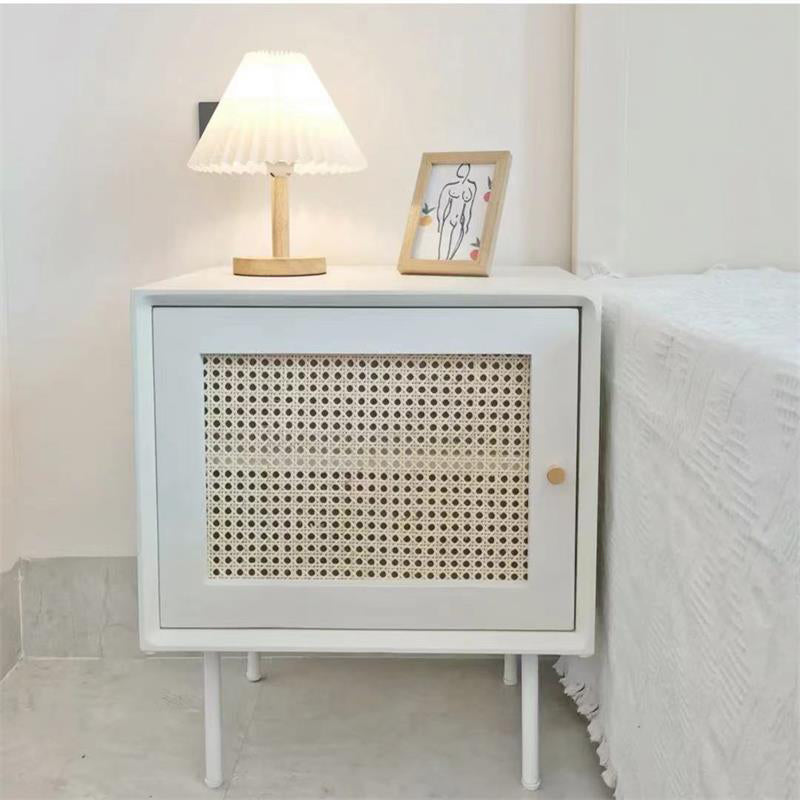 Pine and Rattan Bed Nightstand Contemporary  Bedside Cabinet with 1 Door