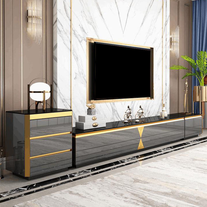 Glam Wooden TV Media Stand Glass Top TV Stand Console with Drawers