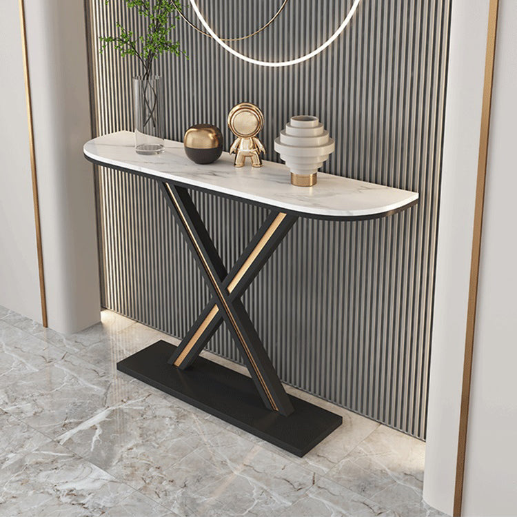 Half Moon Stone Top Accent Table with Black Iron Pedestal Base