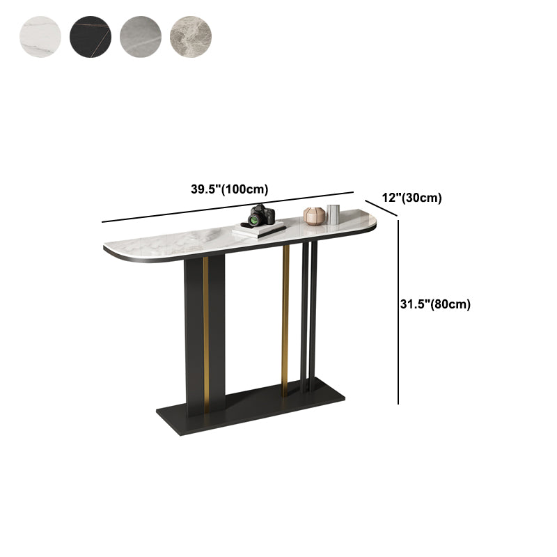 Modern Half Moon Console Table with Stone Top and Iron Pedestal Base