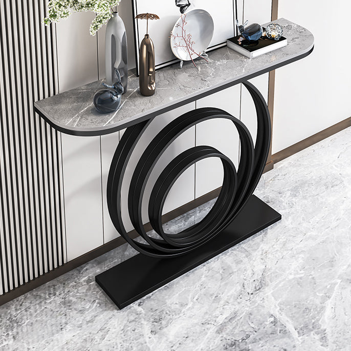 Stone Console Table 31.49" High Metal Frame Half Moon Accent Table