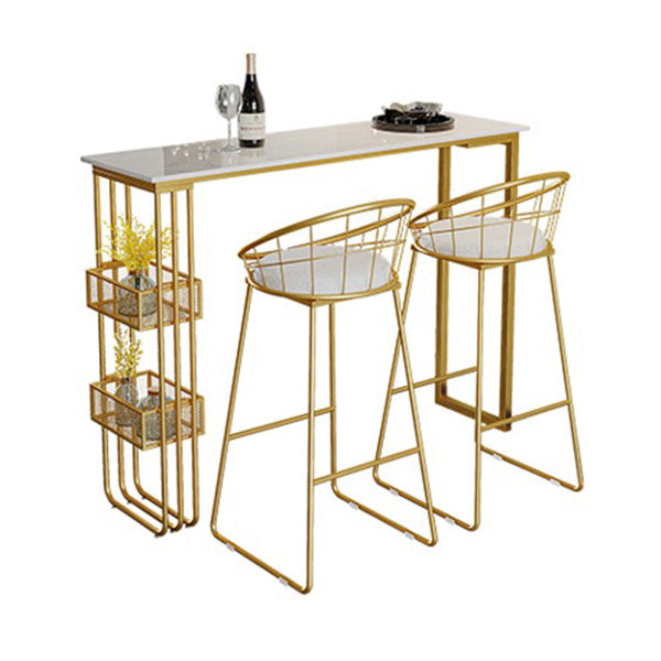 White Top Bar Table with Storage Base Glam Pub Table with Gold Metal Frame