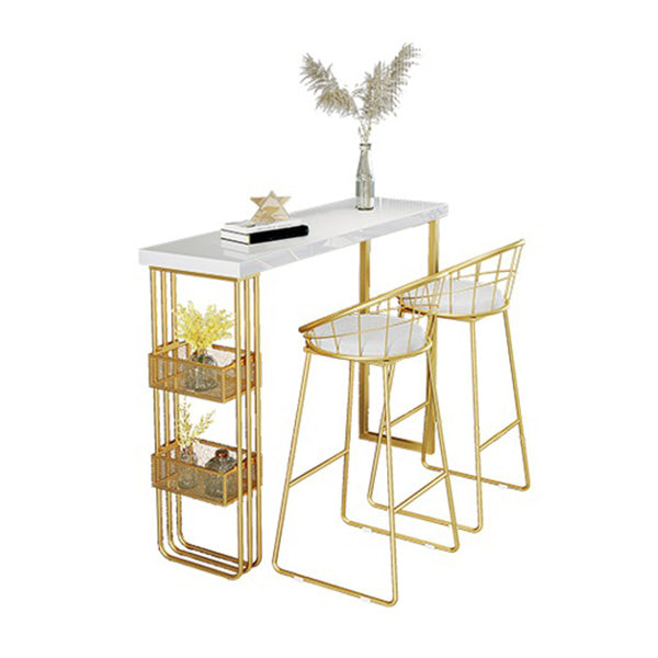 White Top Bar Table with Storage Base Glam Pub Table with Gold Metal Frame