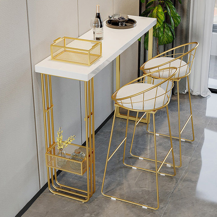 White Top Bar Table with Storage Base Glam Pub Table with Gold Metal Frame