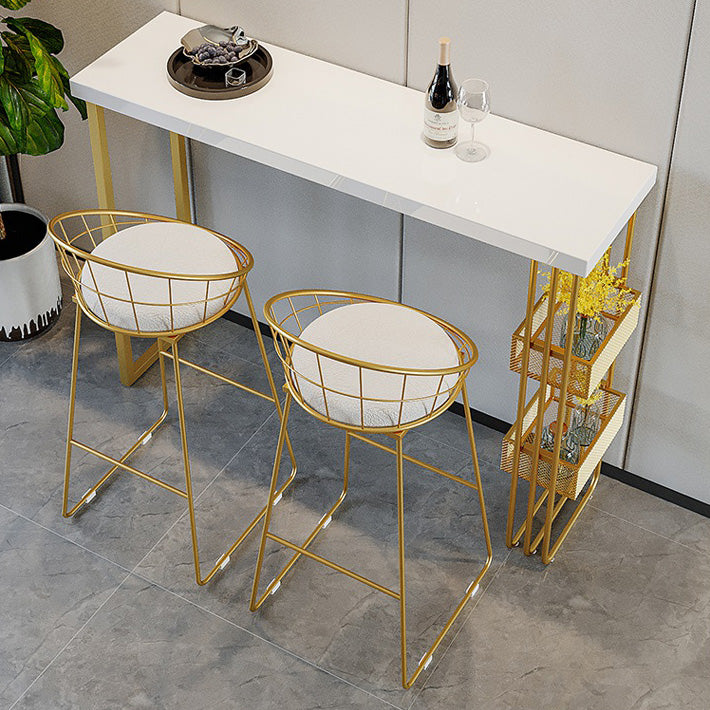 White Top Bar Table with Storage Base Glam Pub Table with Gold Metal Frame