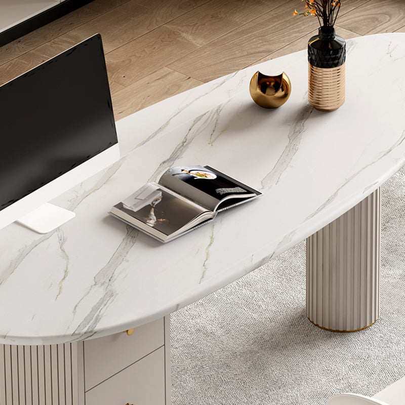 White Writing Desk Sintered Stone Desk with Three Drawers for Home and Office