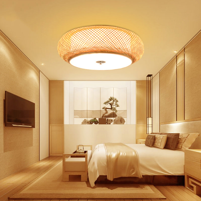 Asian Bamboo Flush Mount Lighting Rounded Drum Ceiling Lamp for Living Room